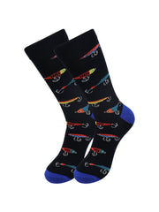 Real Sic black crew fishing lure socks with vibrant patterns and blue heels